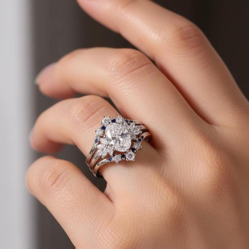 Oval Lab-Grown Diamond Bridal Ring Set, Sapphire Chevron Band, 14K White Gold
