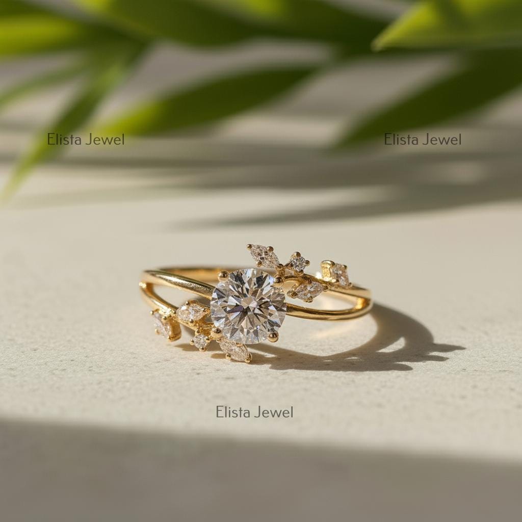 Lab-Grown Diamond Engagement Ring, 18K Yellow Gold Leaf Bridal Ring