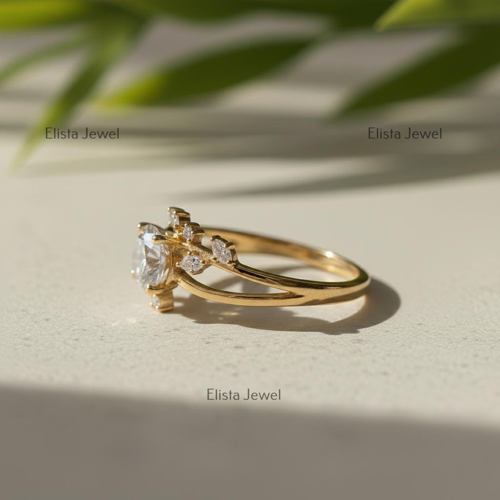 Lab-Grown Diamond Engagement Ring, 18K Yellow Gold Leaf Bridal Ring