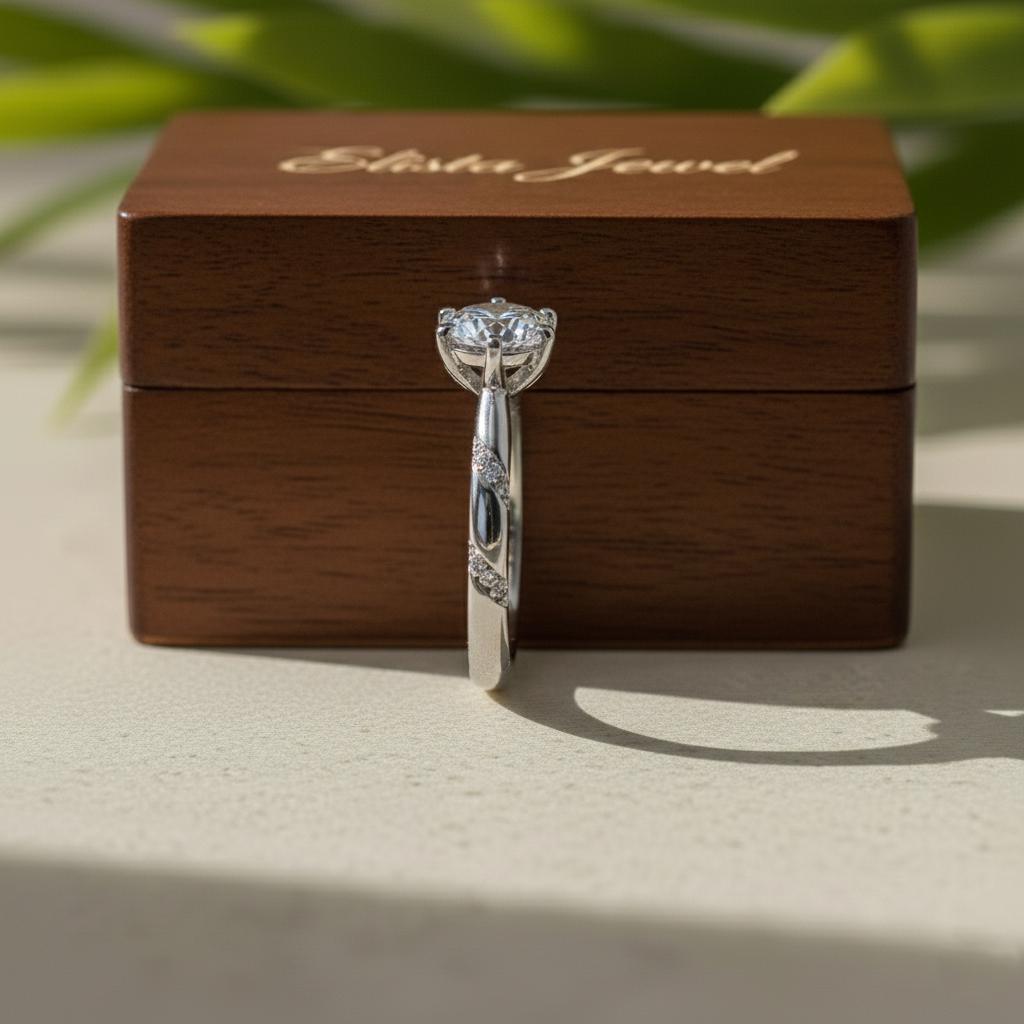 Round Lab-Grown Diamond Engagement Ring, 14K White Gold, Unique Pave Band