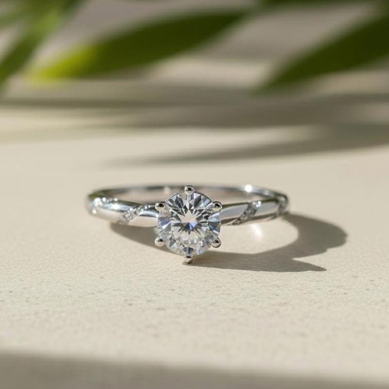 Round Lab-Grown Diamond Engagement Ring, 14K White Gold, Unique Pave Band