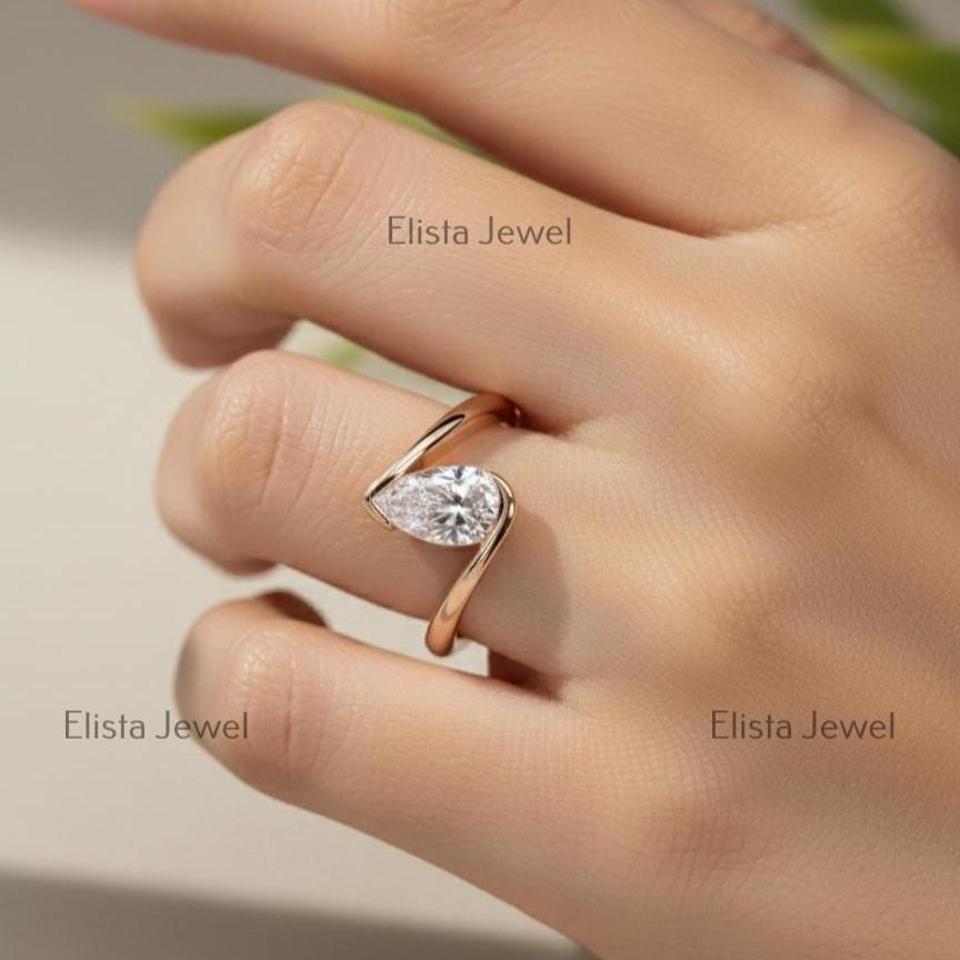 Pear Lab-Grown Diamond Bypass Solitaire Ring in Rose Gold, Modern Sculptural Band