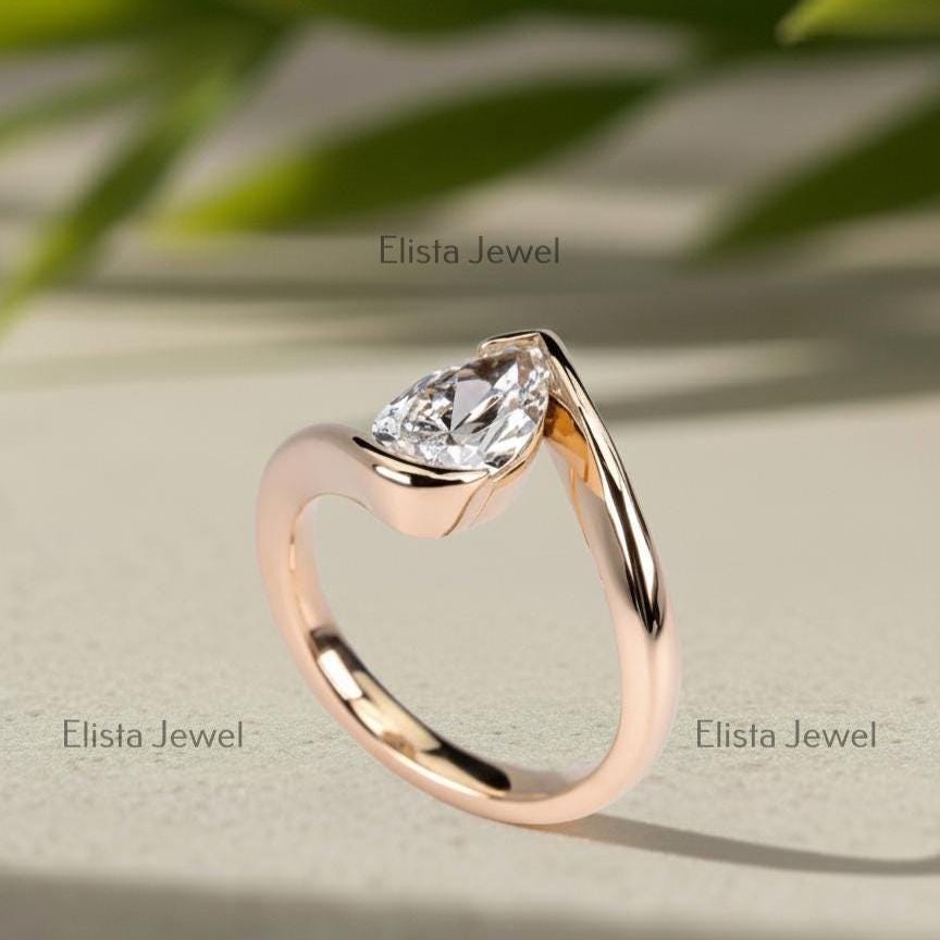 Pear Lab-Grown Diamond Bypass Solitaire Ring in Rose Gold, Modern Sculptural Band