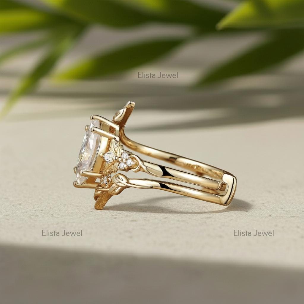 Marquise Lab-grown Diamond Bridal Ring Set, 18K Solid Yellow Gold Nature Inspired Leaf Band