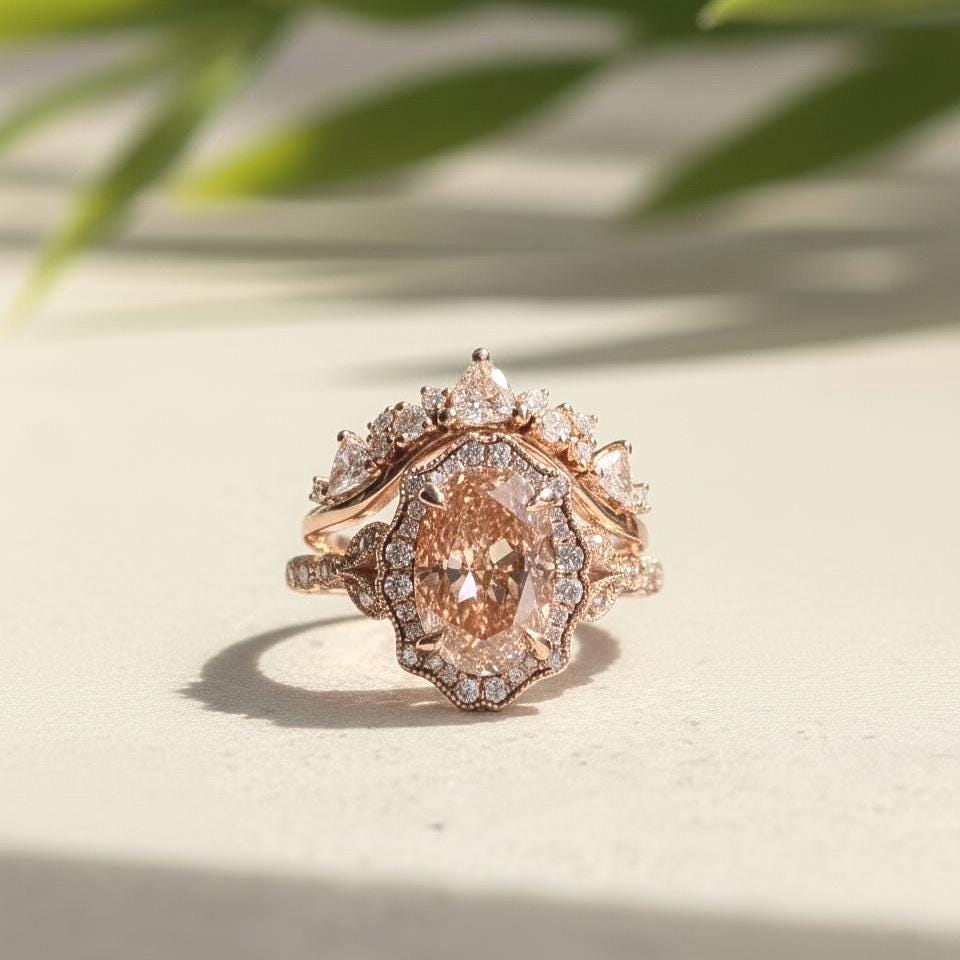 Fancy Pink Oval Lab Grown Diamond Halo Ring, 18K Rose Gold Bridal Set