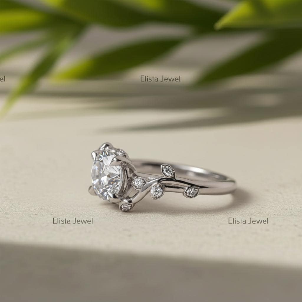 Nature Ring, Round Lab-Grown Diamond Engagement Platinum Bypass Band IGI Certified