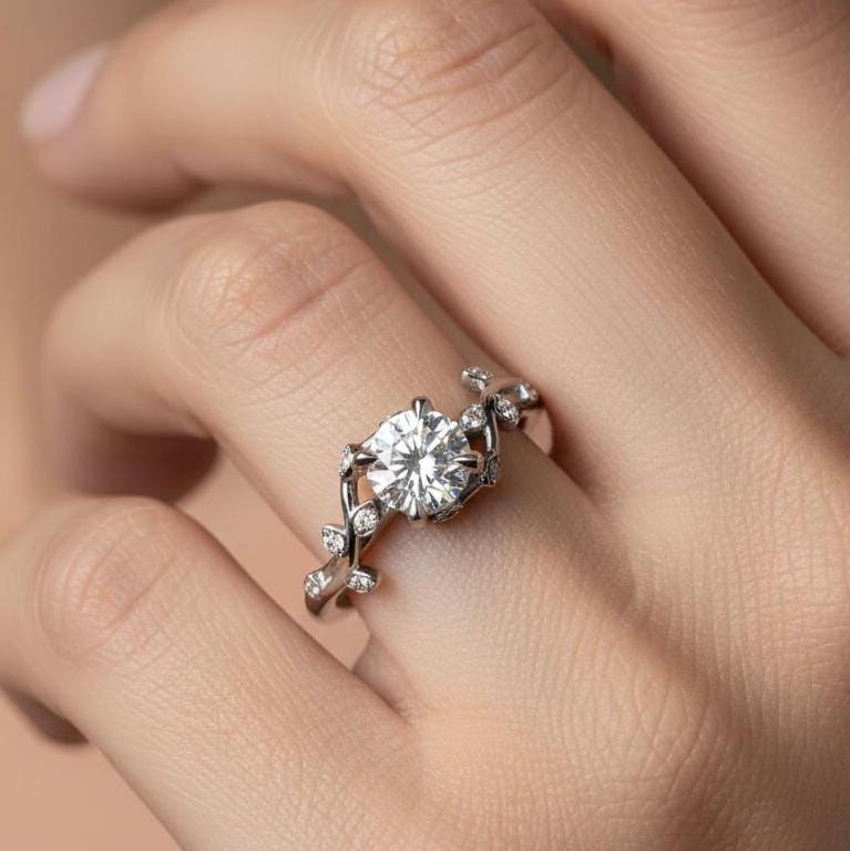 Nature Ring, Round Lab-Grown Diamond Engagement Platinum Bypass Band IGI Certified