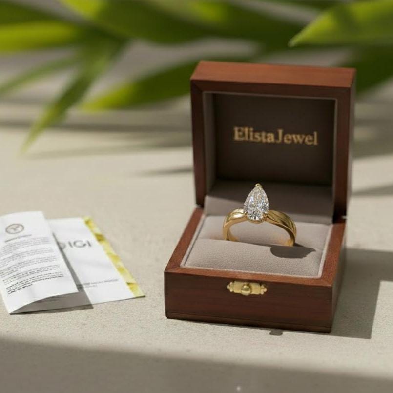 IGI Certified 2Ct Pear Lab Grown Diamond Engagement Ring, 14K Yellow Gold