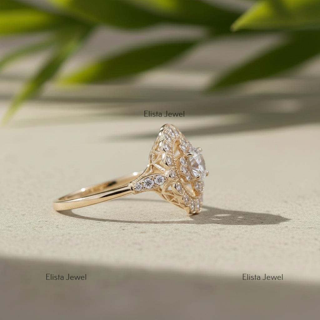 Lab-Grown Diamond Double Halo Engagement Ring: 10K Yellow Gold Floral Ring
