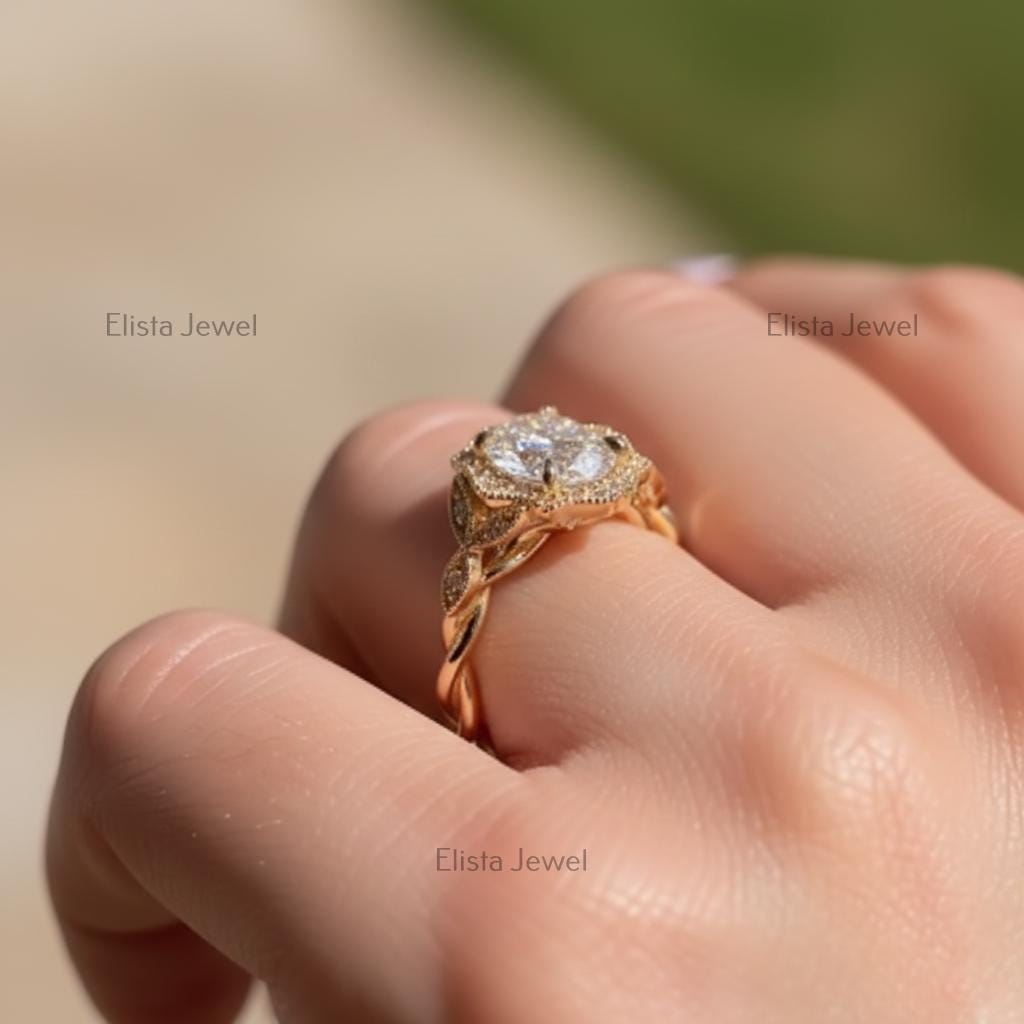Oval Lab-Grown Diamond Halo Engagement Ring, 14K Yellow Gold Milgrain Twisted Band