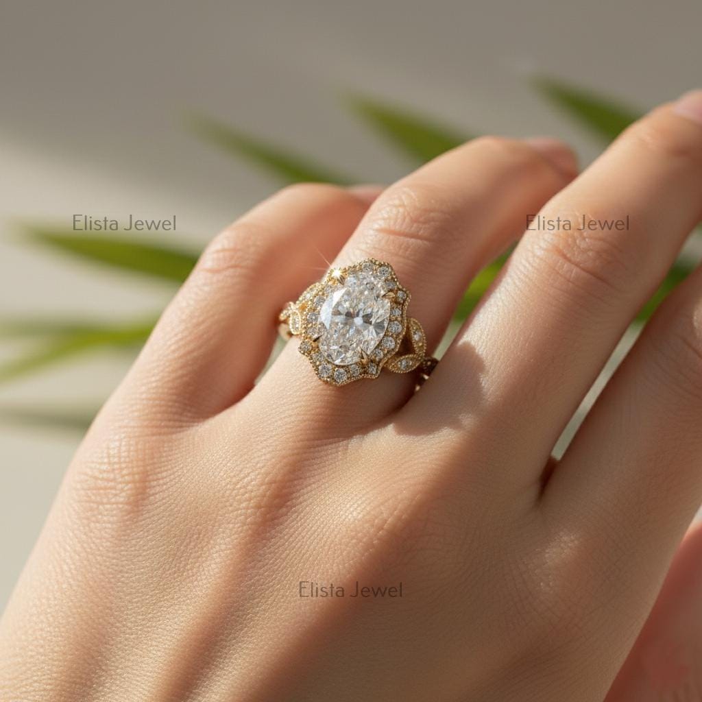 Oval Lab-Grown Diamond Halo Engagement Ring, 14K Yellow Gold Milgrain Twisted Band