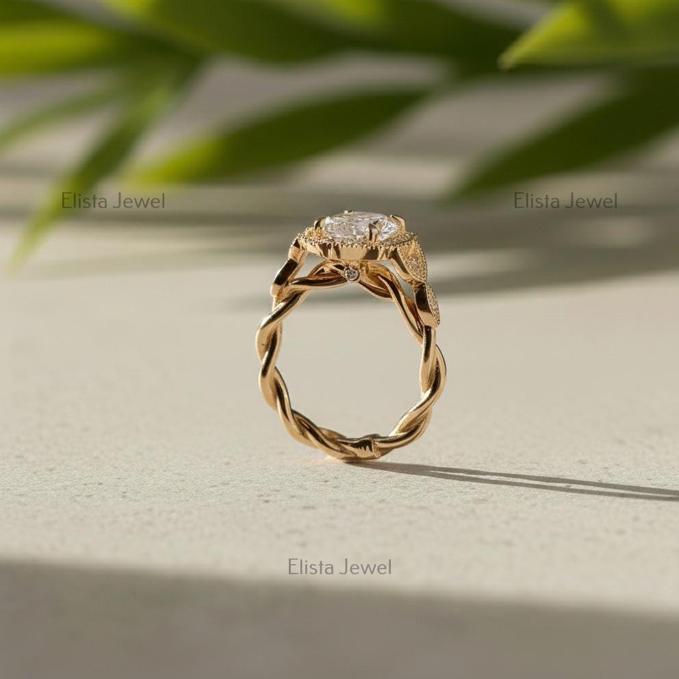 Oval Lab-Grown Diamond Halo Engagement Ring, 14K Yellow Gold Milgrain Twisted Band