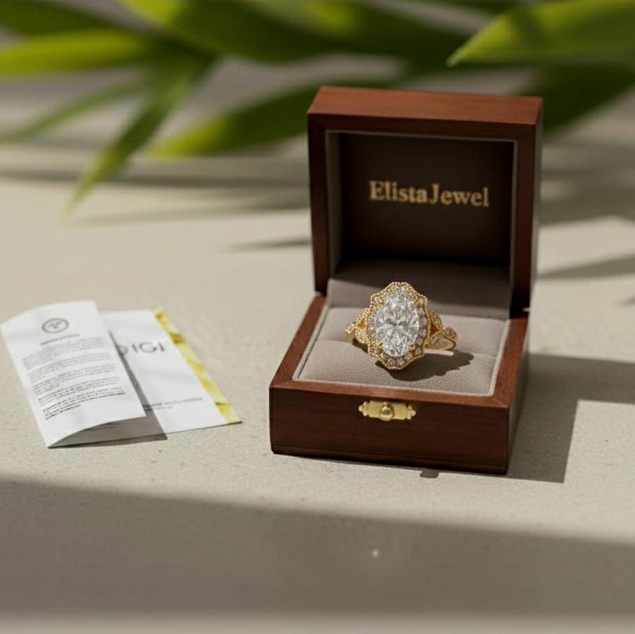 Oval Lab-Grown Diamond Halo Engagement Ring, 14K Yellow Gold Milgrain Twisted Band