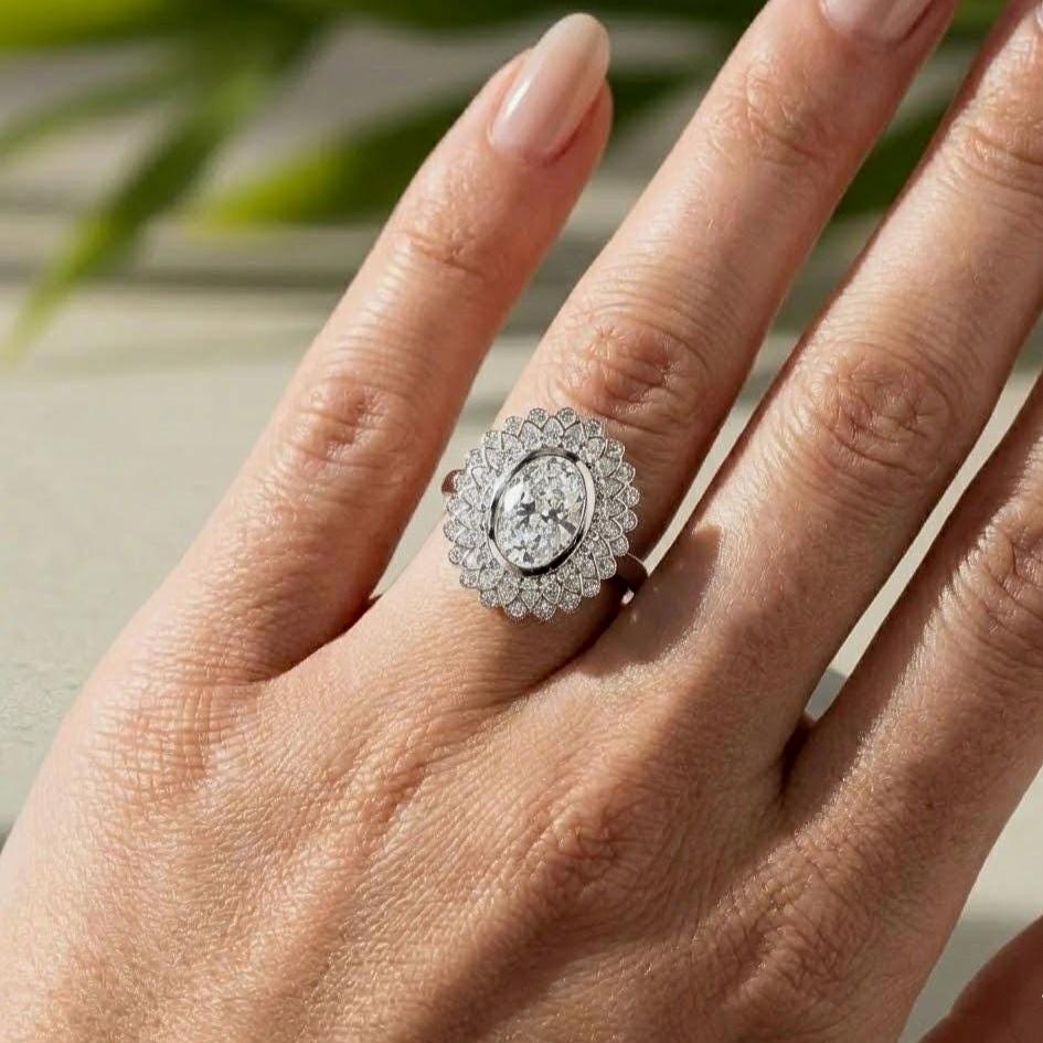 Oval Lab-Grown Diamond Cocktail Ring, Double Halo, 14K White Gold