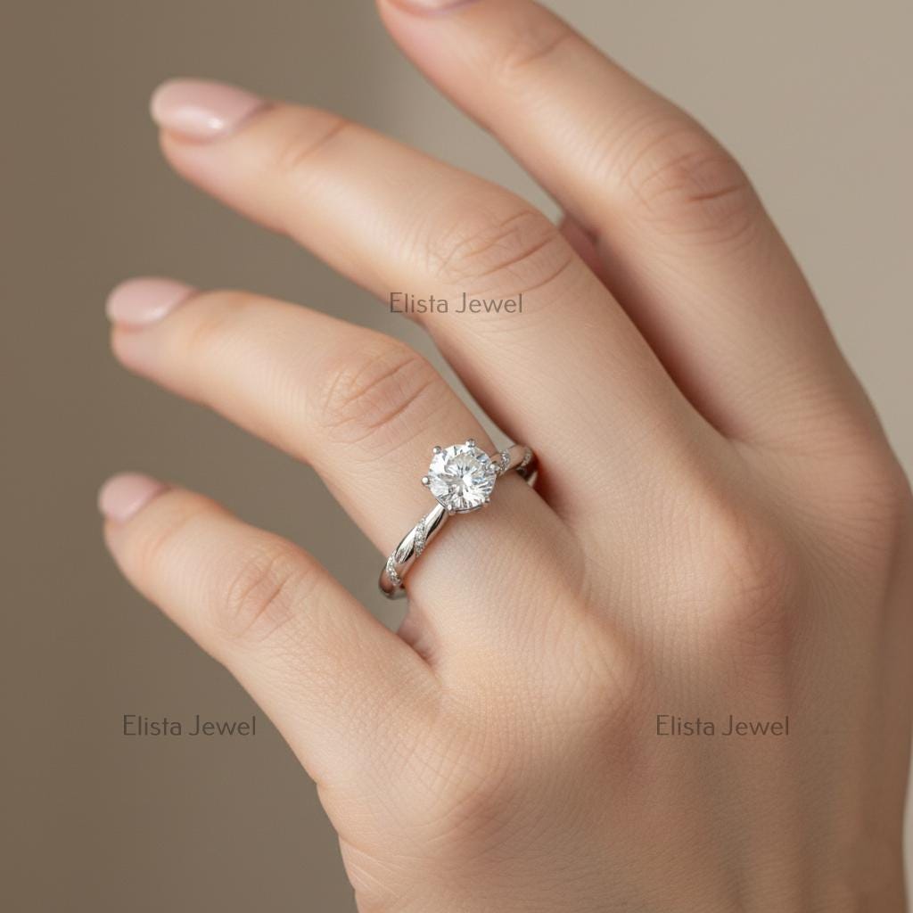 Round Lab-Grown Diamond Engagement Ring, 14K White Gold, Unique Pave Band