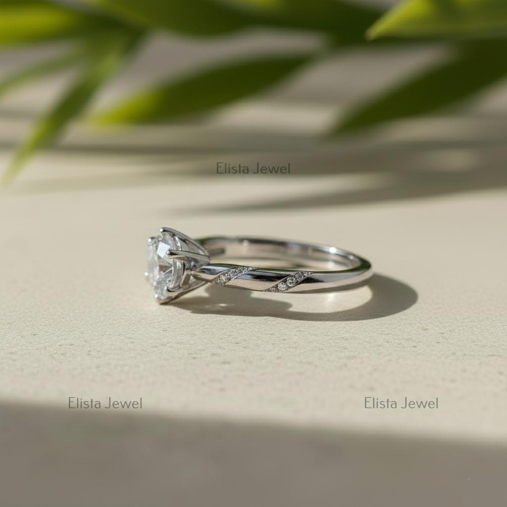 Round Lab-Grown Diamond Engagement Ring, 14K White Gold, Unique Pave Band