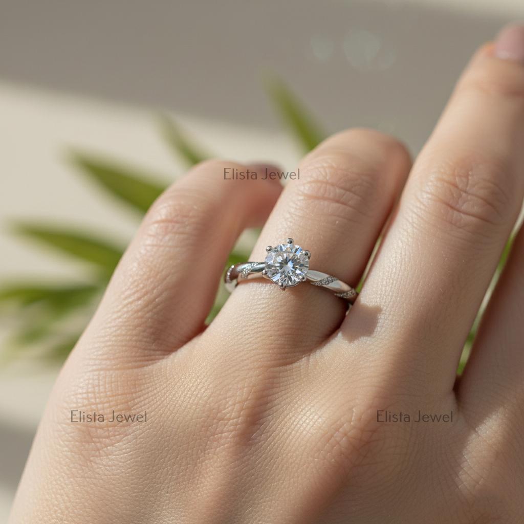 Round Lab-Grown Diamond Engagement Ring, 14K White Gold, Unique Pave Band