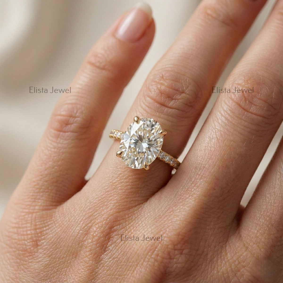 2 Carat Oval Lab Grown Diamond Ring, 14K Yellow Gold Pavé Band