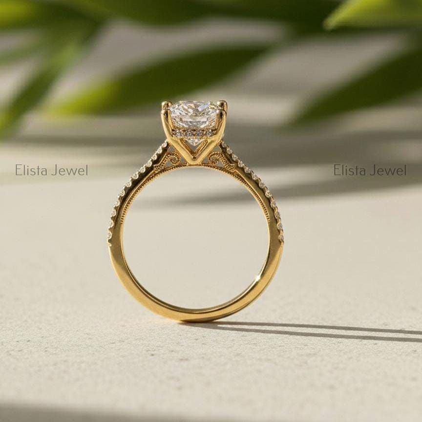2 Carat Oval Lab Grown Diamond Ring, 14K Yellow Gold Pavé Band