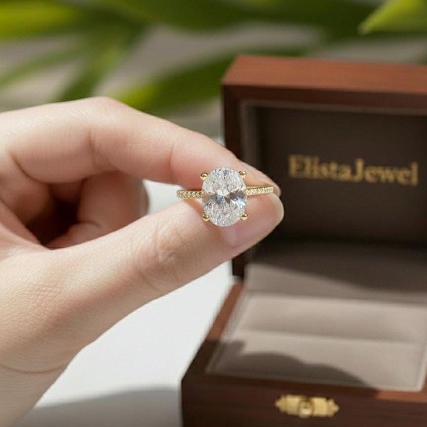 2 Carat Oval Lab Grown Diamond Ring, 14K Yellow Gold Pavé Band