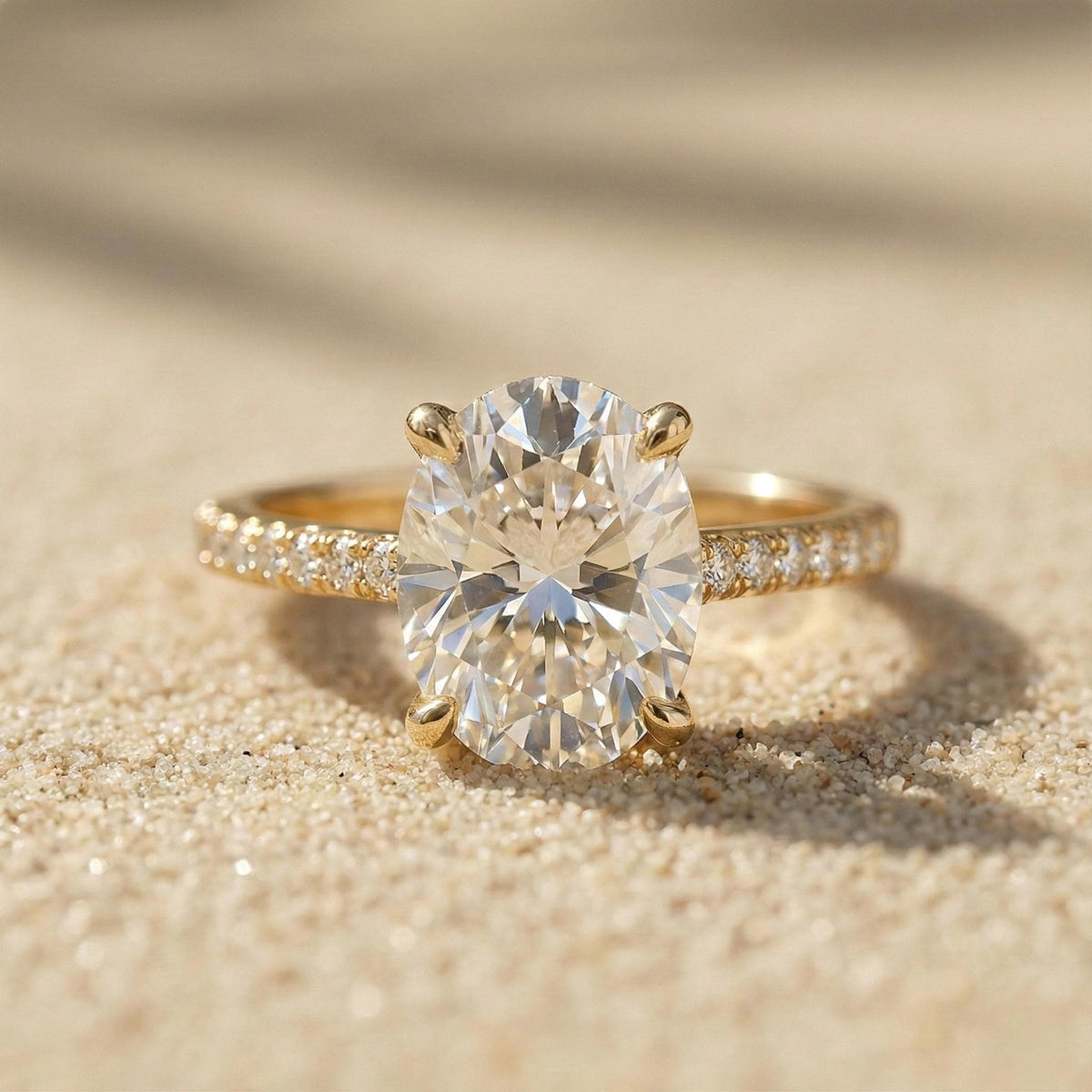 2 Carat Oval Lab Grown Diamond Ring, 14K Yellow Gold Pavé Band