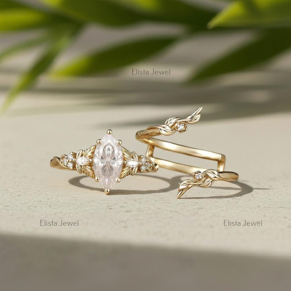 Marquise Lab-grown Diamond Bridal Ring Set, 18K Solid Yellow Gold Nature Inspired Leaf Band