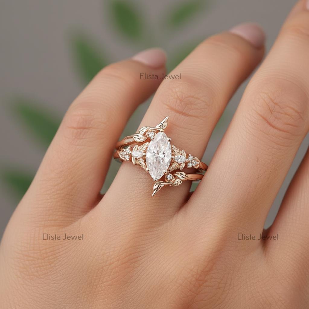 Marquise Lab-grown Diamond Bridal Ring Set, 18K Solid Yellow Gold Nature Inspired Leaf Band