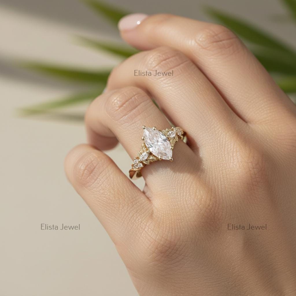 Marquise Lab-grown Diamond Bridal Ring Set, 18K Solid Yellow Gold Nature Inspired Leaf Band