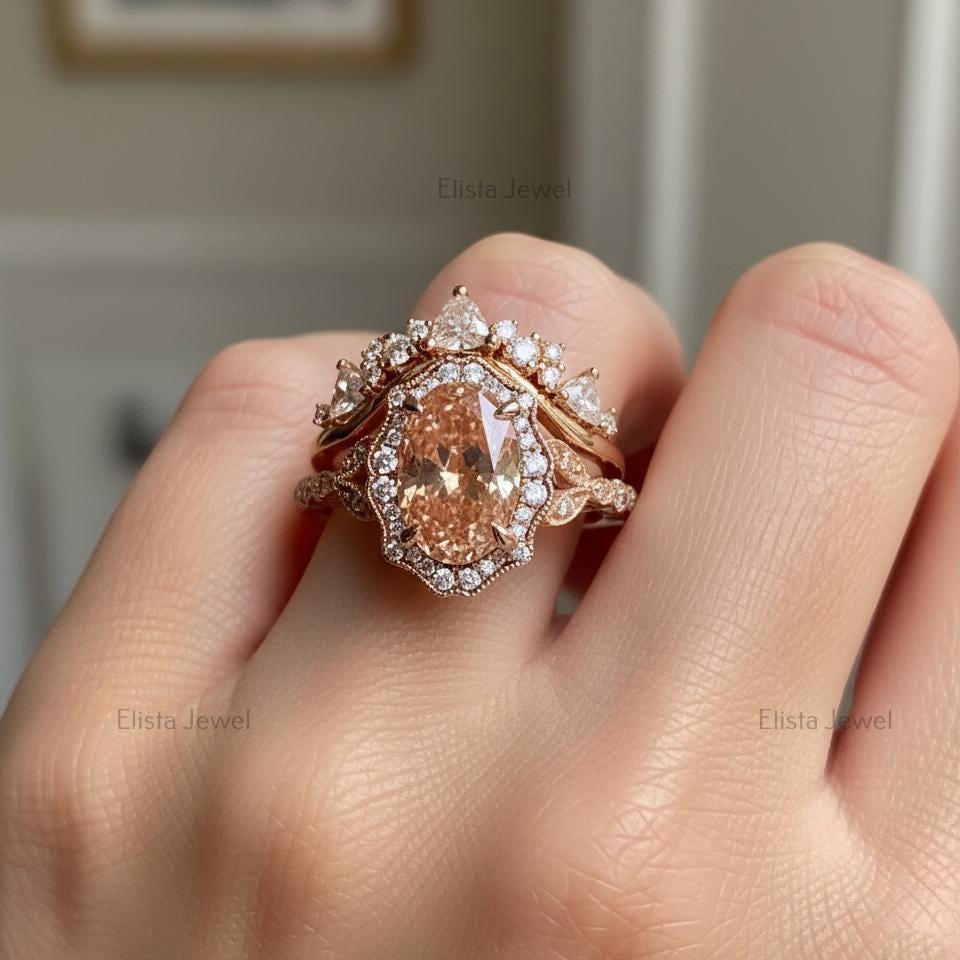 Fancy Pink Oval Lab Grown Diamond Halo Ring, 18K Rose Gold Bridal Set