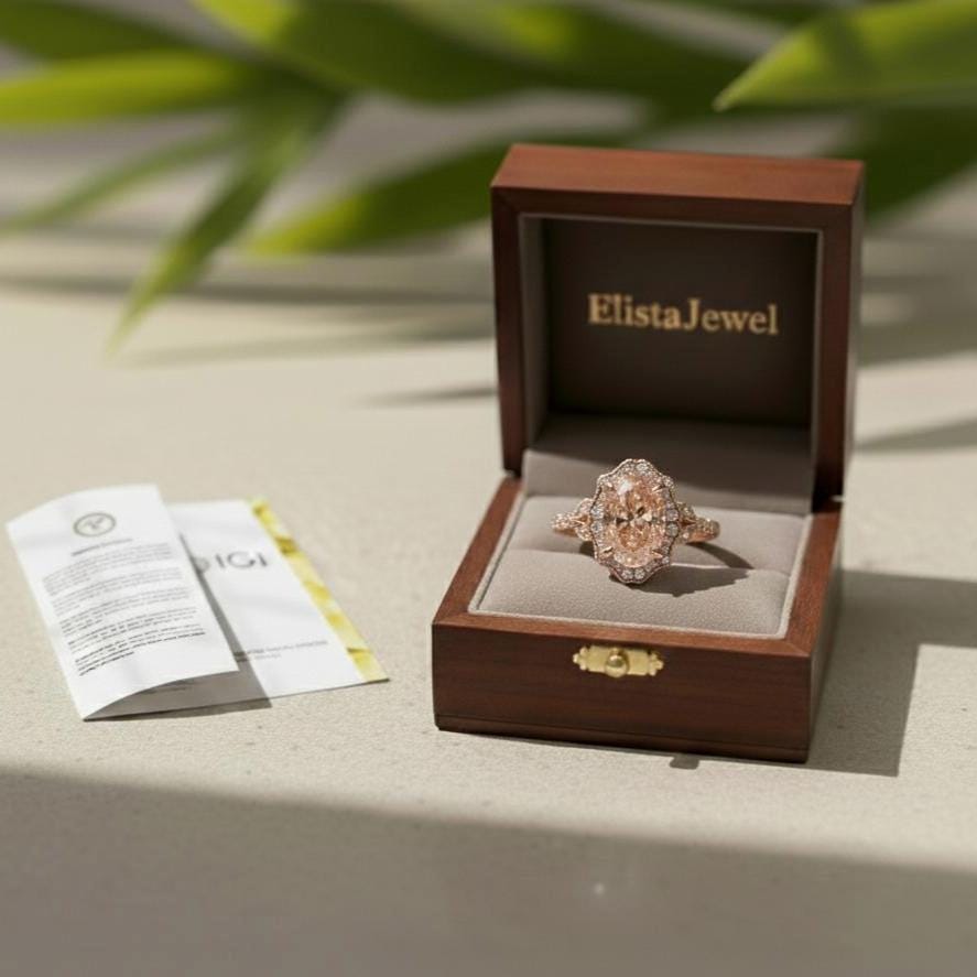 Fancy Pink Oval Lab Grown Diamond Halo Ring, 18K Rose Gold Bridal Set