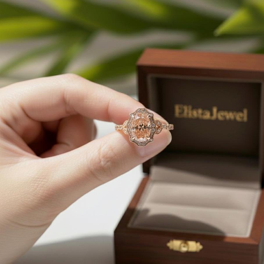 Fancy Pink Oval Lab Grown Diamond Halo Ring, 18K Rose Gold Bridal Set