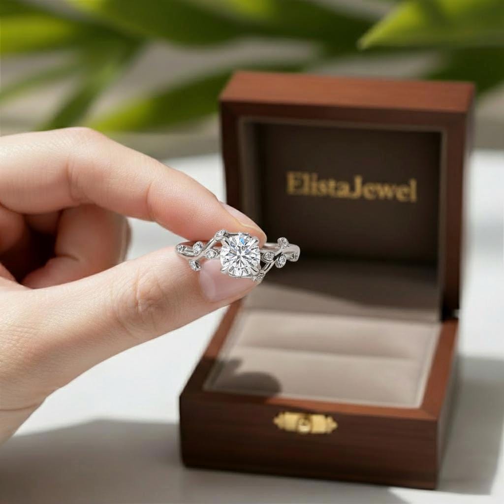 Nature Ring, Round Lab-Grown Diamond Engagement Platinum Bypass Band IGI Certified