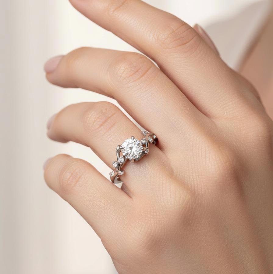 Nature Ring, Round Lab-Grown Diamond Engagement Platinum Bypass Band IGI Certified