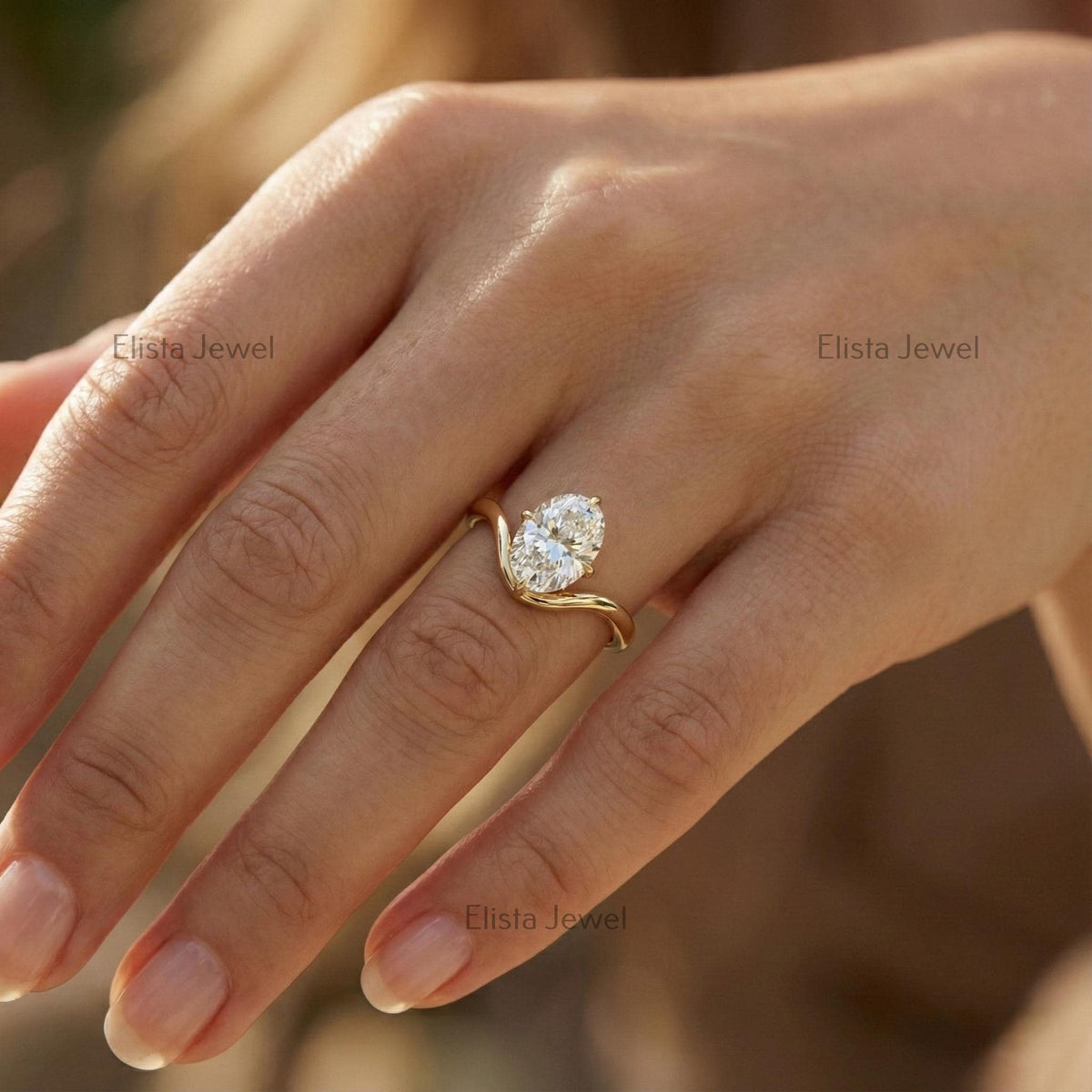 Oval Lab-Grown Diamond Engagement Ring, 14K Yellow Gold Wave Band