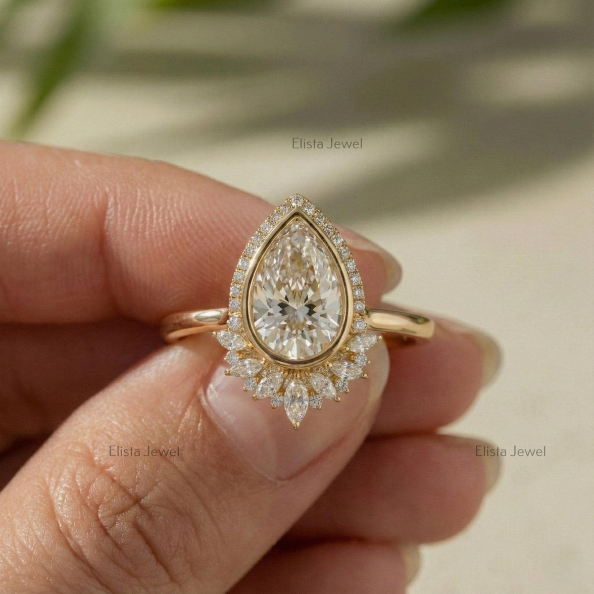 Pear Lab-Grown Diamond Halo Ring, Yellow Gold Art Deco Engagement Ring