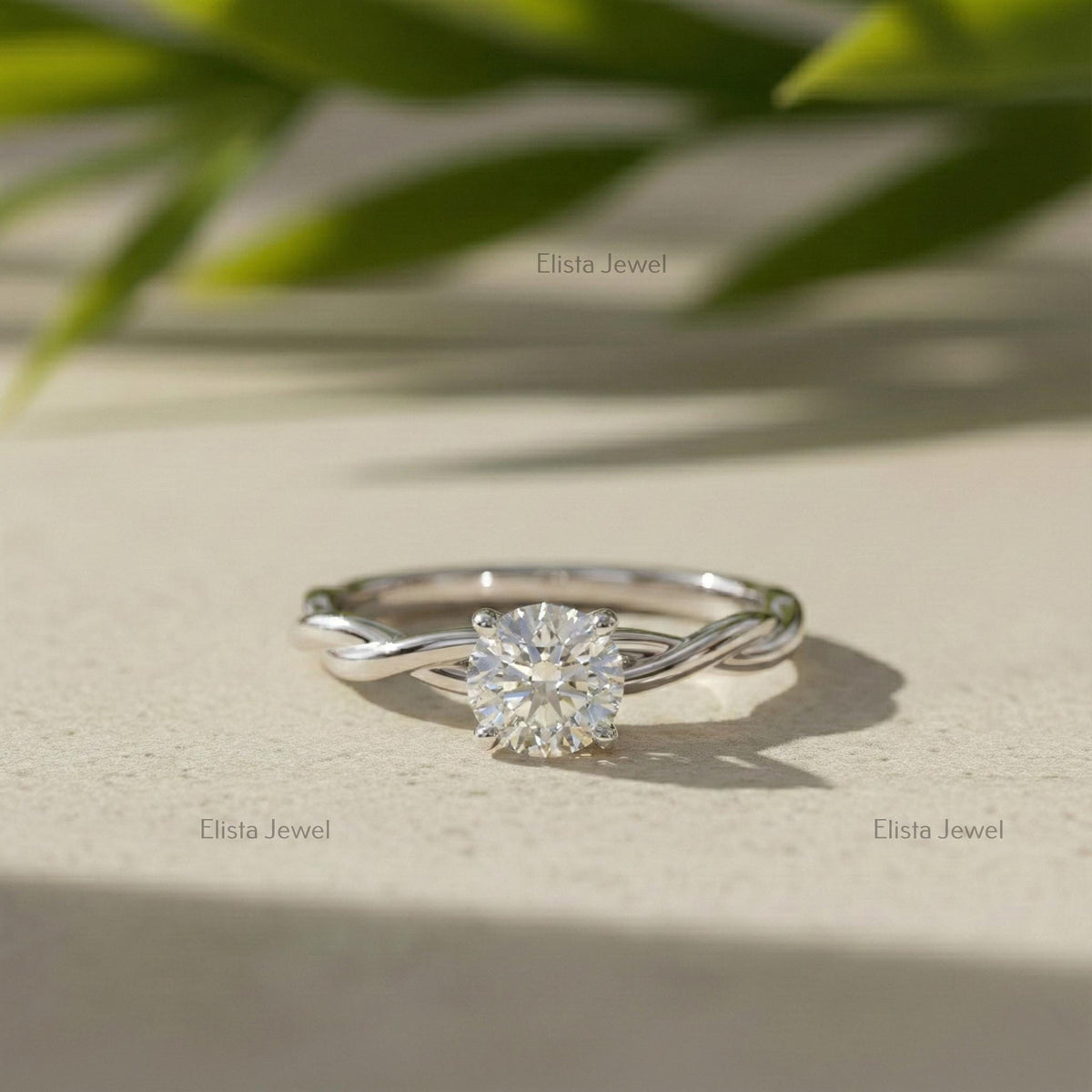 Round Lab Grown Diamond Solitaire Engagement Ring: 14K White Gold Twisted Infinity Band