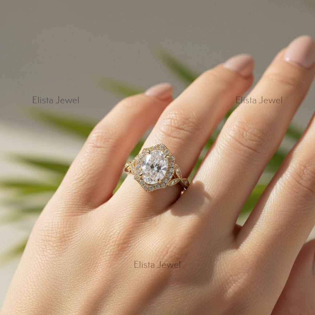Oval Lab-Grown Diamond Halo Engagement Ring, 14K Yellow Gold Milgrain Twisted Band