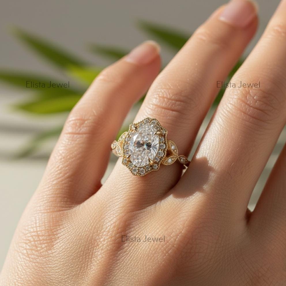 Oval Lab-Grown Diamond Halo Engagement Ring, 14K Yellow Gold Milgrain Twisted Band
