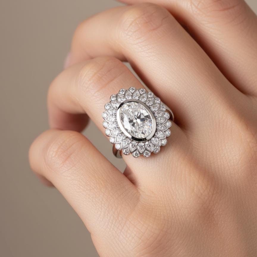 Oval Lab-Grown Diamond Cocktail Ring, Double Halo, 14K White Gold
