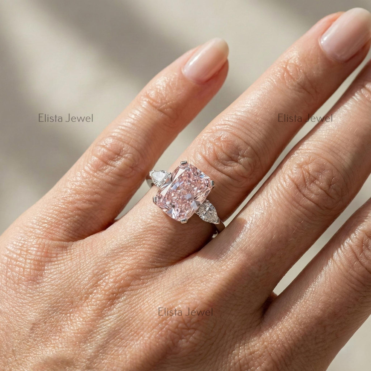 Radiant Lab-Grown Pink Diamond Three Stone Platinum Ring
