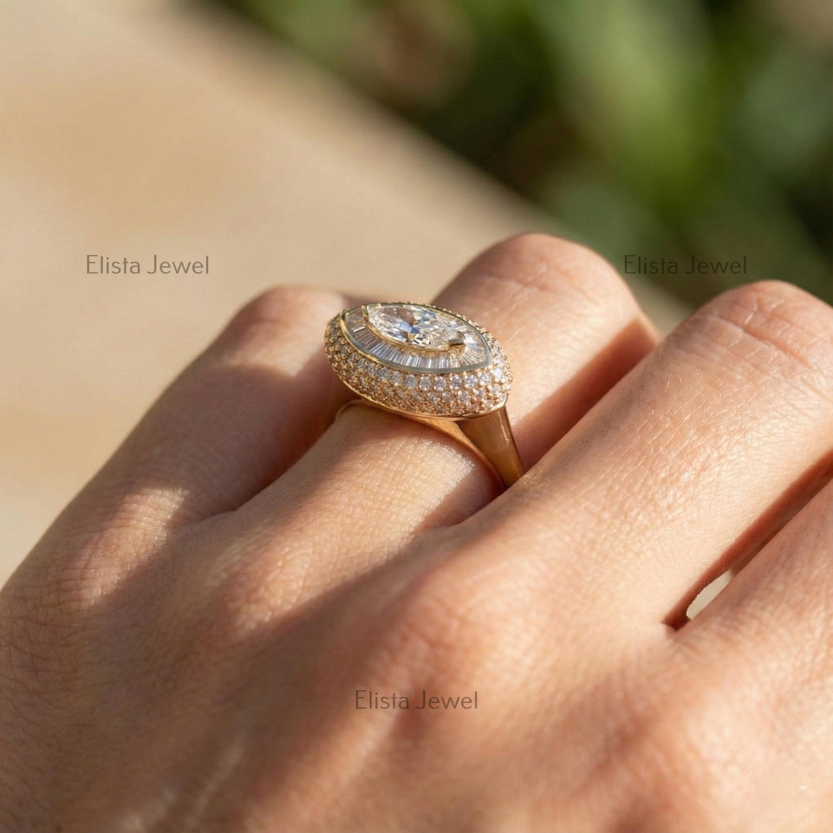 Marquise Lab-Grown Diamond Double Halo Ring, 14K Yellow Gold Art Deco Cocktail Ring