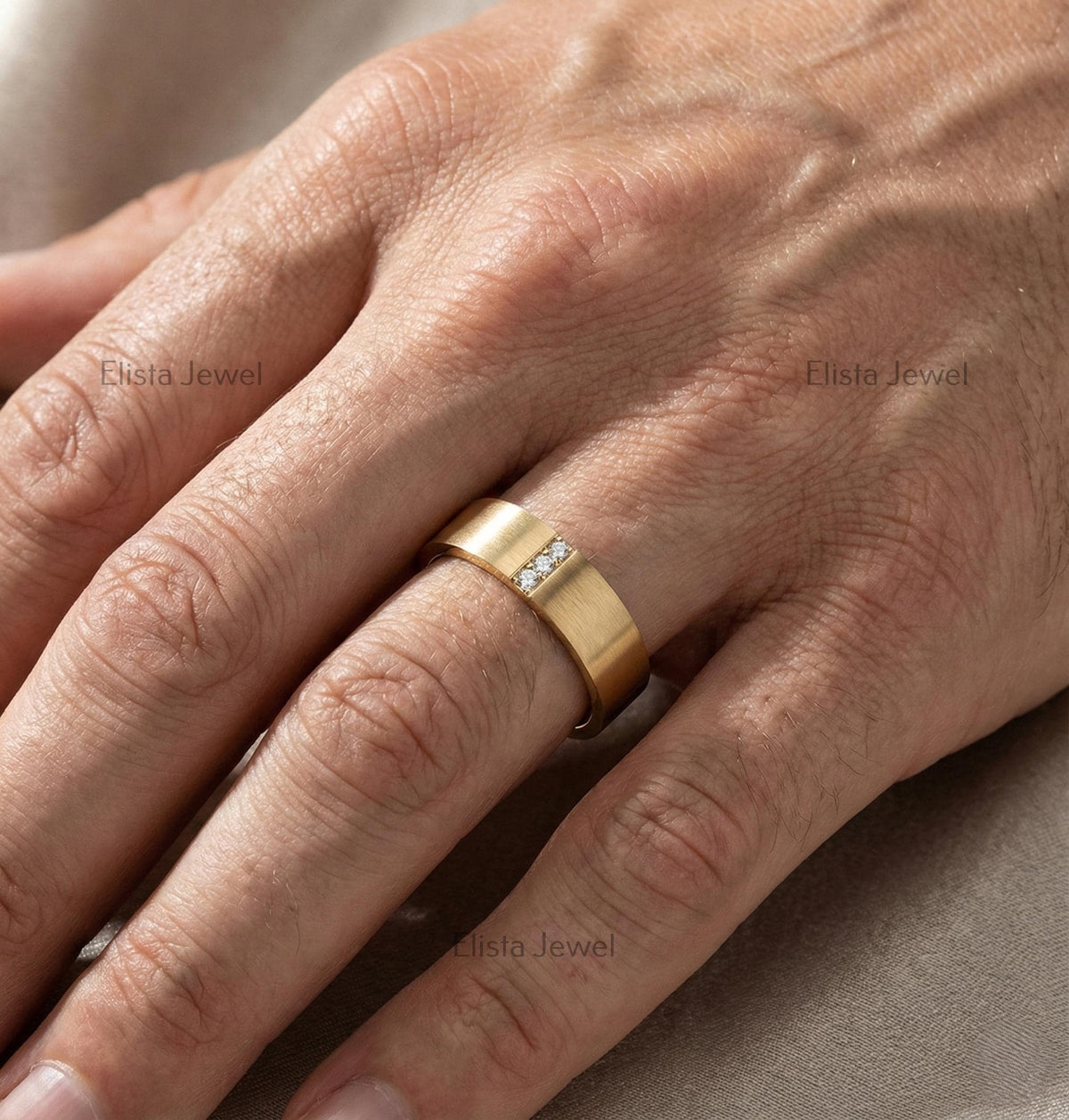 Mens Wedding Band 10K Solid Yellow Gold, Round Lab-Grown Diamond Band For Men