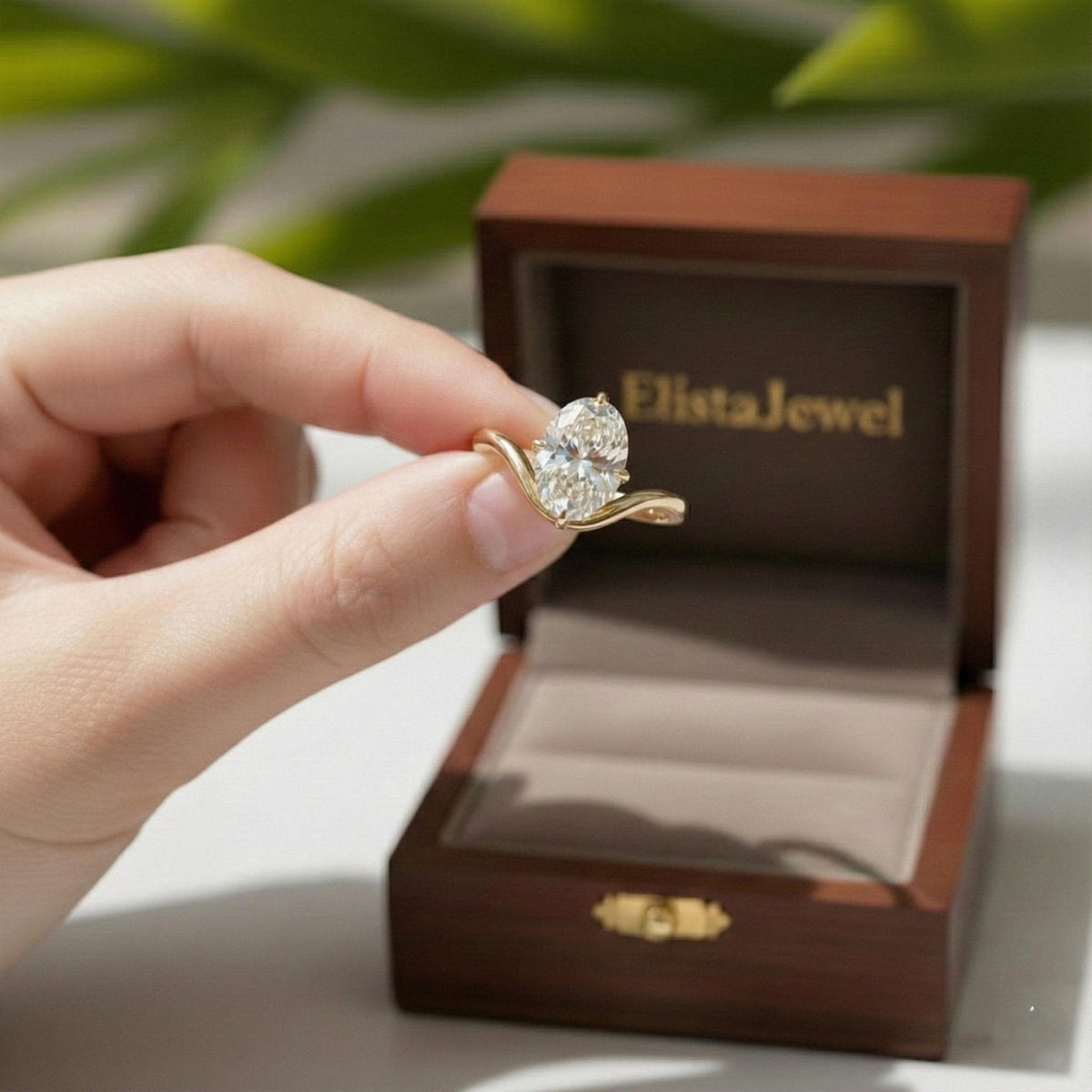 Oval Lab-Grown Diamond Engagement Ring, 14K Yellow Gold Wave Band