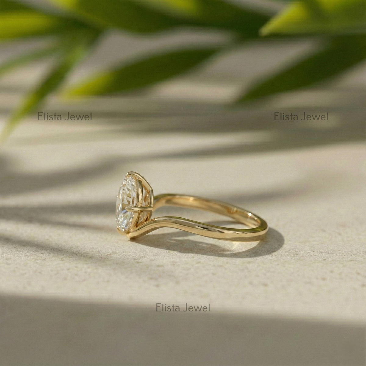Oval Lab-Grown Diamond Engagement Ring, 14K Yellow Gold Wave Band