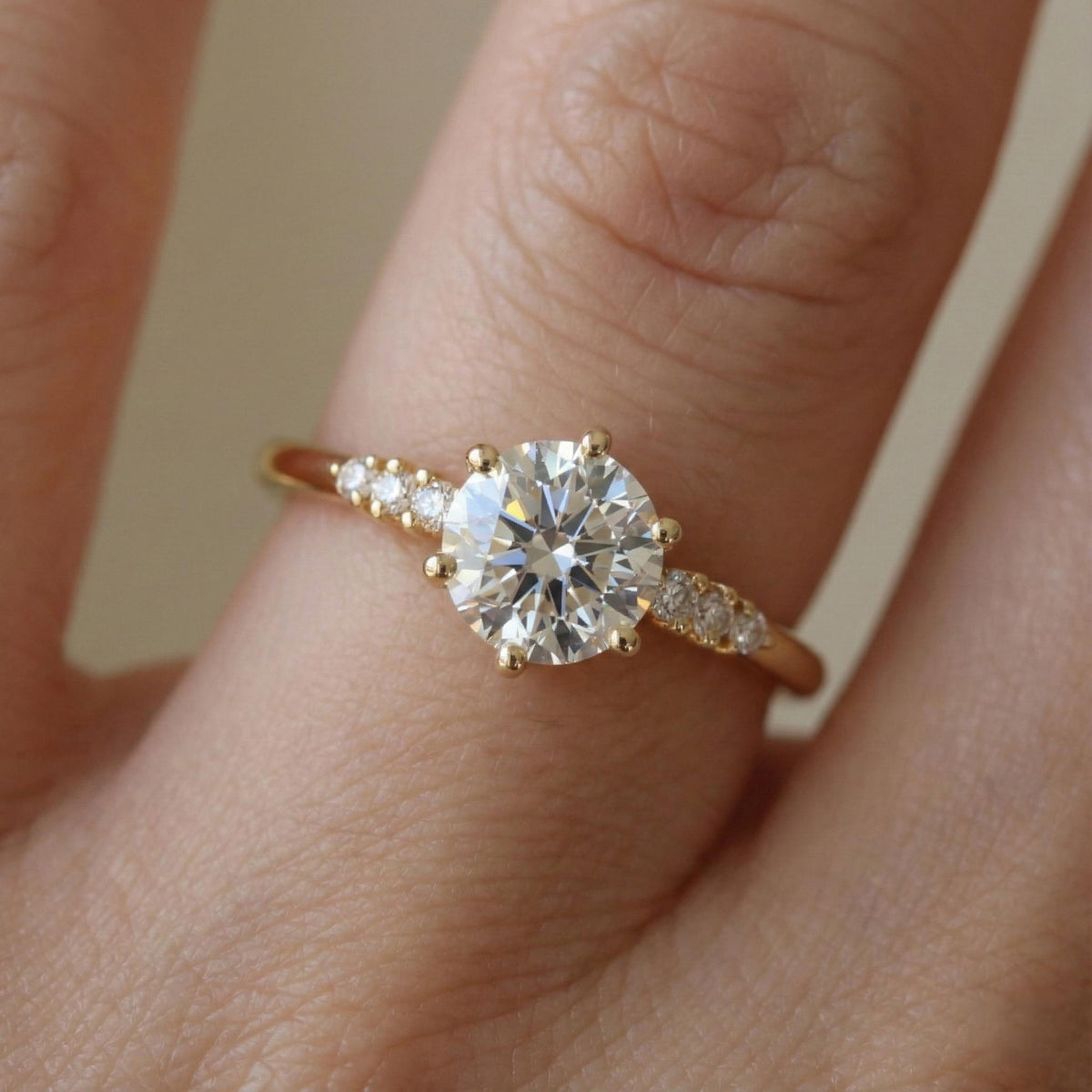 Round Diamond Ring Lab Grown Engagement 14K Yellow Gold Dainty Side Stone Band