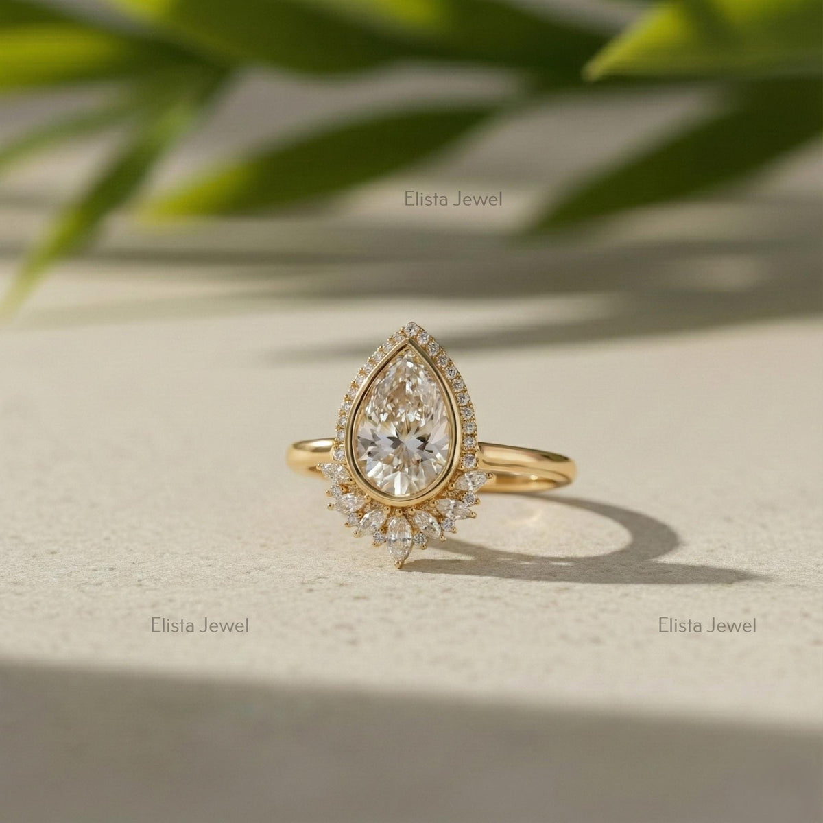 Pear Lab-Grown Diamond Halo Ring, Yellow Gold Art Deco Engagement Ring