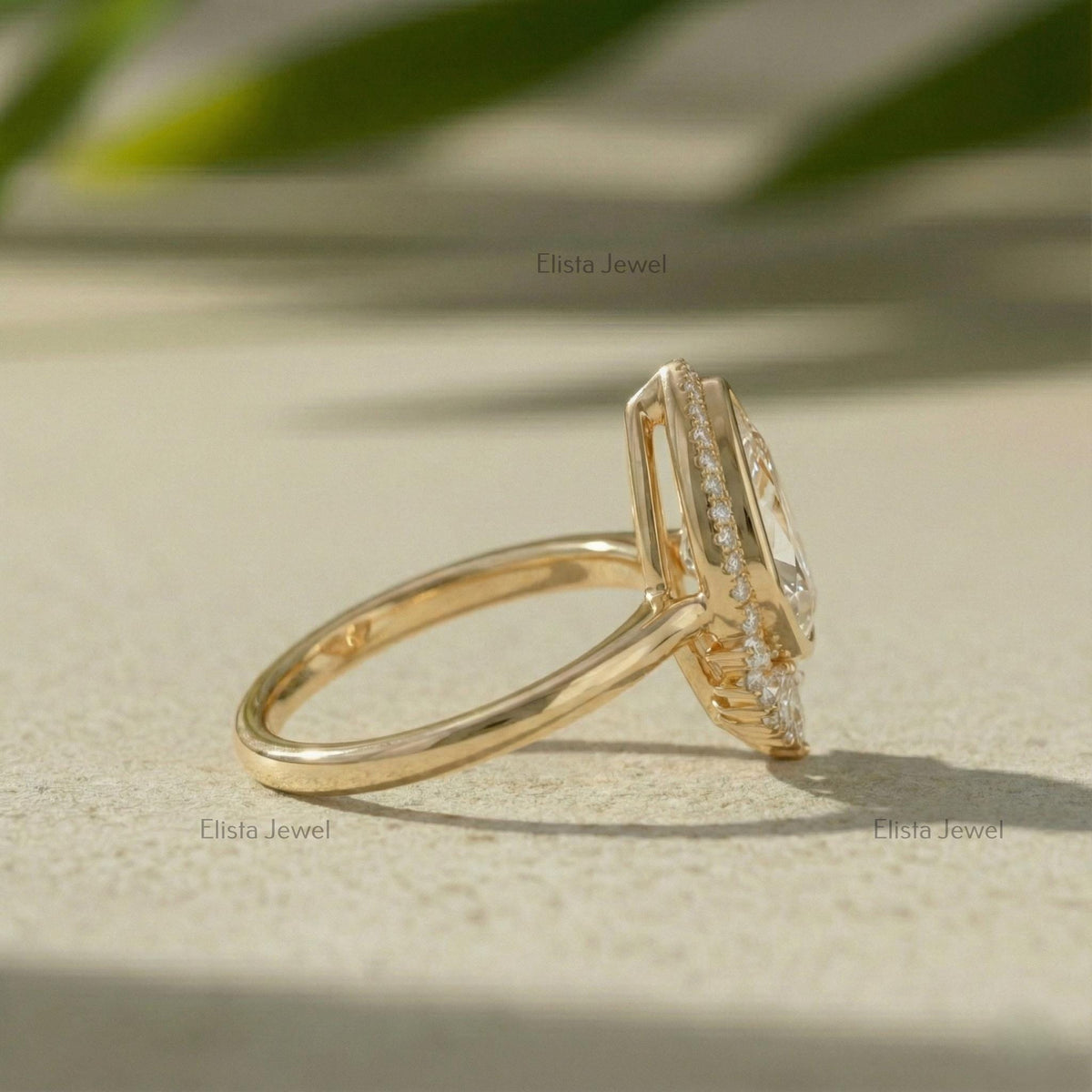 Pear Lab-Grown Diamond Halo Ring, Yellow Gold Art Deco Engagement Ring