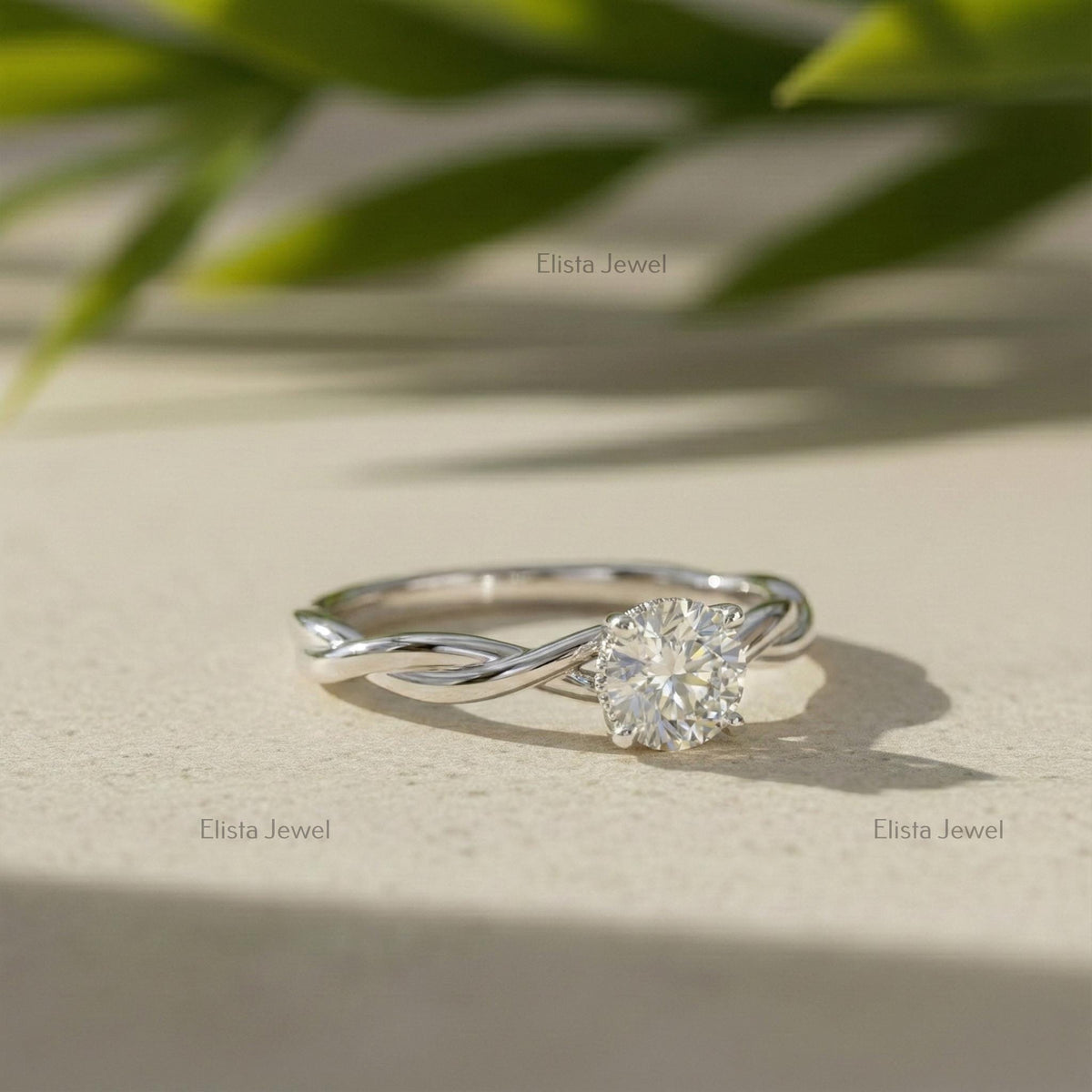 Round Lab Grown Diamond Solitaire Engagement Ring: 14K White Gold Twisted Infinity Band
