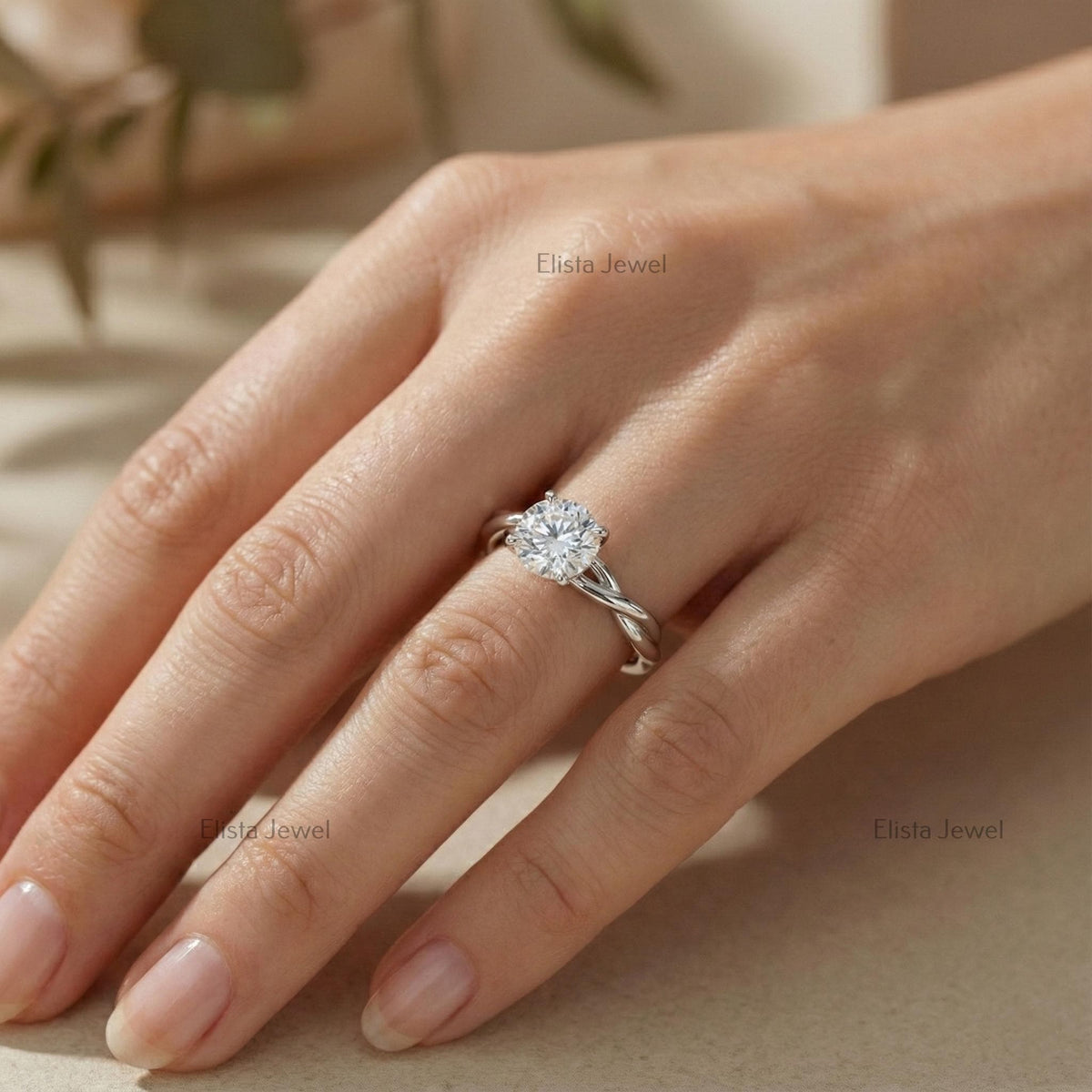 Round Lab Grown Diamond Solitaire Engagement Ring: 14K White Gold Twisted Infinity Band