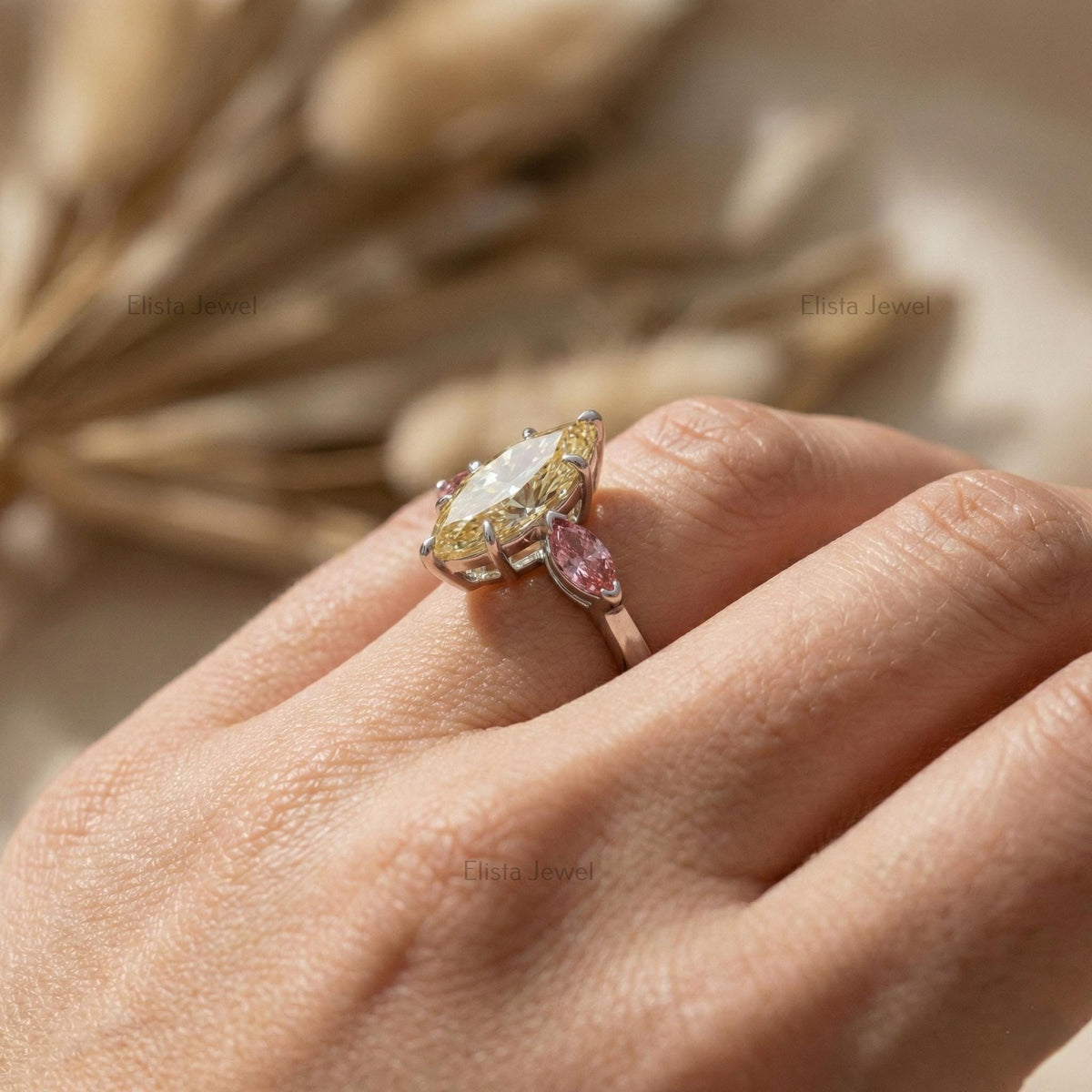 Marquise Champagne Lab-Grown Diamond Engagement Ring, 14K White Gold, Pink Accents